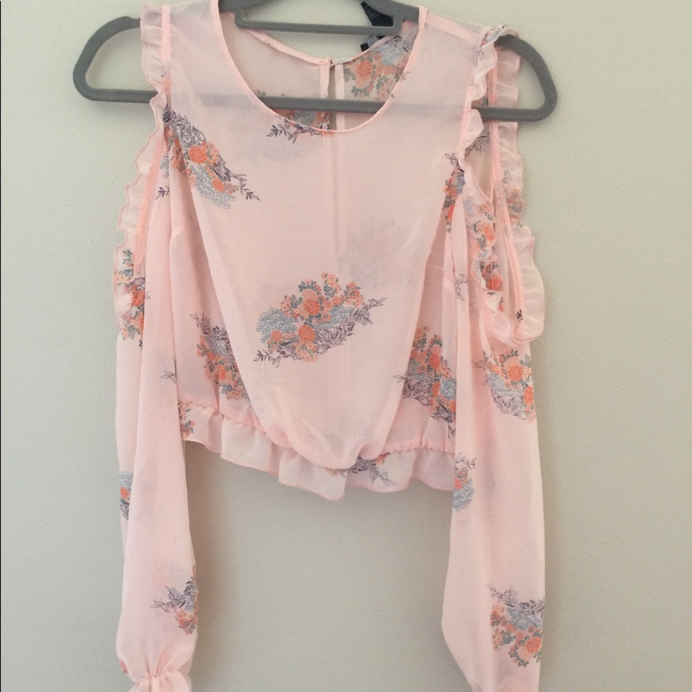 Sheer, cold shoulder, pink blouse